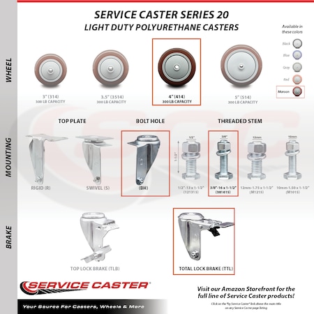 Service Caster 4 Inch SS Maroon Poly 3/8 Inch Threaded Stem Caster Total Lock Brake SCC, 2PK SSTSTTL20S414-PPUB-MRN-381615-2-S-2